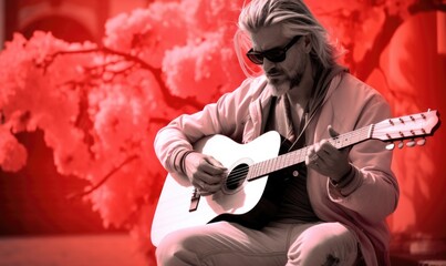 An older man in sunglasses plays the guitar, infrared photography.