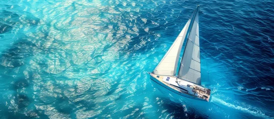 Rolgordijnen Aerial perspective of a sailboat gracefully sailing across the aqua blue waters of the ocean, showcasing naval architecture and a majestic mast © TheWaterMeloonProjec