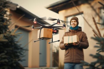 Fototapeta na wymiar Smart package Drone Delivery smart home accessories. Box shipping mobility technology parcel industry 4.0 transportation. Logistic tech same day parcel mobility drone delivery research