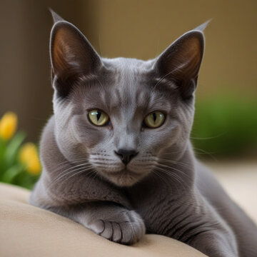 The Russian blue cat is posing for a photo