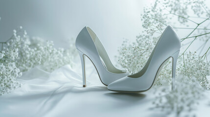 White stiletto shoes with gypsophila sprigs - obrazy, fototapety, plakaty