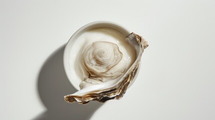Cosmetic open jar of skincare cream and oysters, top view. Concept of cream with oyster extract.