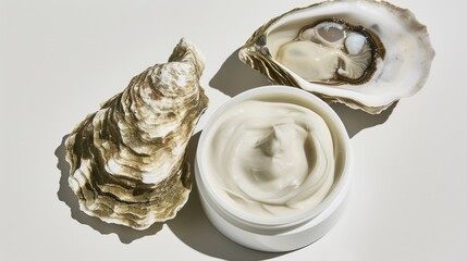 Cosmetic open jar of skincare cream and oysters, top view. Concept of cream with oyster extract.