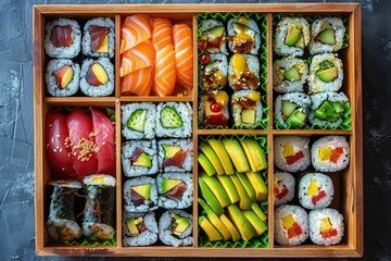 A top-down view of a wooden bento box filled with various types of sushi and sashimi, arranged neatly in separate compartments.