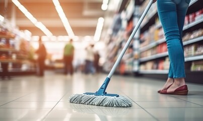 Close up photo of cleaner woman cleaning  floor with a wet mop in the store