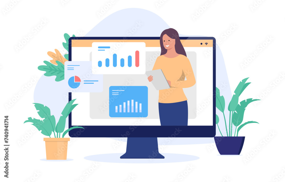 Wall mural Online course - Computer screen with woman person holding lecture and webinar with data and charts. Flat design vector illustration with white background