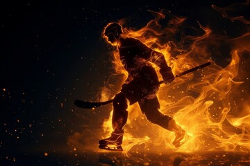 Ice hockey player in fire on black background, isolated on black background