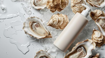 Concept of oyster cosmetic skincare, hair care, body care. Bottle and oysters on water ice background. Luxury beauty cosmetic with oyster extract, cleanser, shampoo, body cream