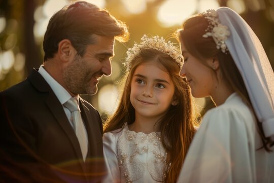 This is a picture of a little girl on the day of her first communion with her father and mother.