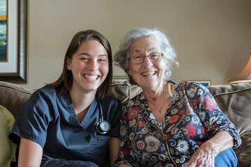 Assisted living caregiver with a smile, a sense of humor and a sweet laugh with an old lady in her retirement home. Elderly caregiver with a bright smile, a sense of humor and a sense of support with - obrazy, fototapety, plakaty