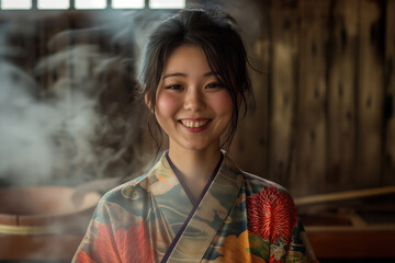 Happy japanese woman smile in steamy vintage bath house, wearing a dressing gown, wooden wall with copy space