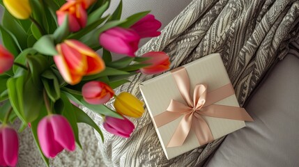 Elegant Gift Box with Satin Bow and Multicolored Tulips on a Knitted Patterned Throw