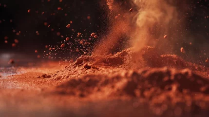 Poster An artistic composition with paprika powder scattered over a moist surface, causing the spice to clump and highlight different textures. 8k © Muhammad