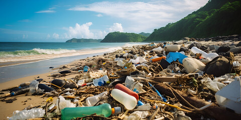 Ocean pollution caused by plastic bottles and microplastics Garbage and wastes on the beach.