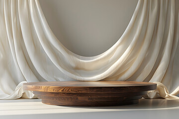 3D display podium, brown background with wood frame pedestal and flying silk cloth curtain. Nature wind. presentation stand. Luxury feminine mockup 3d render advertisement 