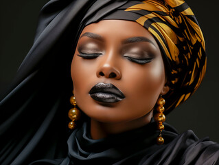 Beauty closeup portrait of a beautiful black woman with perfect skin and professional makeup