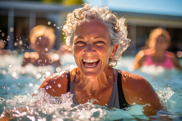 Elderly happy woman do aqua aerobics in the indoor pool