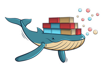 Large whale with a substantial stack of boxes balanced on its back. vector illustration