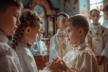 May 21, 2022, Ivano-Frankivsk, Ukraine: First communion. Priest offers communion. - obrazy, fototapety, plakaty