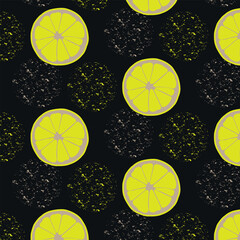 Neon yellow lemon slice and textured round shapes on black background seamless pattern. Bright citrus design. Vector illustration.