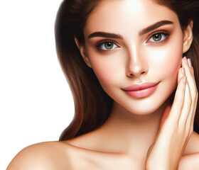 Fototapeta premium Portrait of young woman with beautiful face and healthy skin, isolated background. For skincare cosmetics products. Transparent PNG