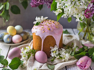 Easter cake with pink frosting surrounded by Easter eggs on white wooden table. Holiday Food Photography.	