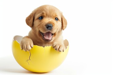 a smiling baby dog puppy coming out from a cracked easter egg like a chick, isolated on white background - 740943165