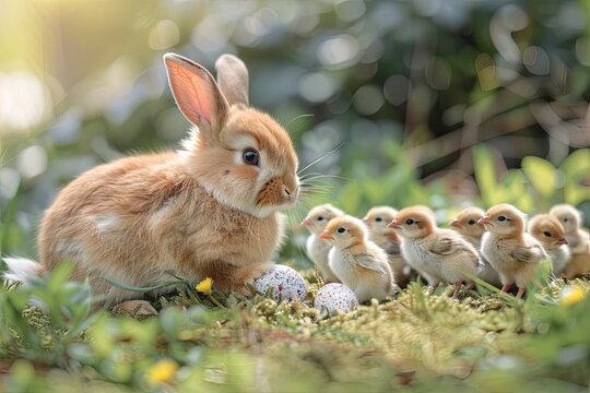 fluffy bunny delivering Easter eggs with a troupe of chirping chicks following closely behind, spreading joy and cheer