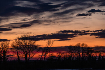 visuale in primo piano di un cielo nuvoloso, al tramonto, in controluce, con nuvole scure e color blu ed il cielo colorato con varie sfumature di arancione, visto da un'area naturale in inverno