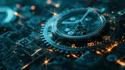 An image of a digital clock mechanism with gears and circuits intertwined, representing the precision and complexity of digital timekeeping. 8k - obrazy, fototapety, plakaty