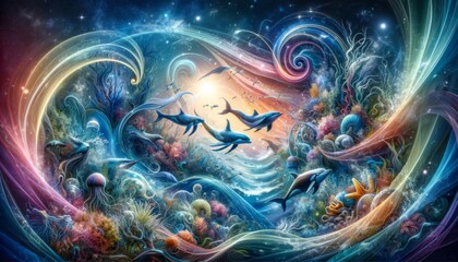 Surreal marine life and cosmos converge in a fantastical aquatic dreamscape