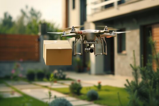 Smart package Drone Delivery humanitarian freight drone. Box shipping courier service parcel balloon delivery transportation. Logistic tech transportation mobility parcel delivery speed