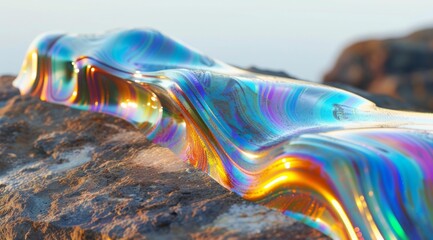 Obraz na płótnie Canvas Holographic Sculpture on Rocky Shore Reflecting Rainbow Colors