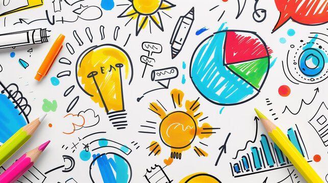 Vibrant hand-drawn doodles depicting brainstorming elements like light bulbs and pie charts, symbolizing creative ideas and planning