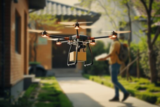 Smart package Drone Delivery drone delivery hub. Box shipping route optimization parcel drone transportation system transportation. Logistic tech fragile freight mobility remote control