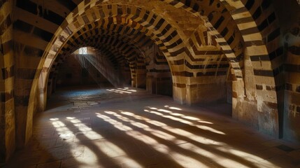 Majestic Arched Stone Interior of an Ancient Fortress Bathed in Sunlight