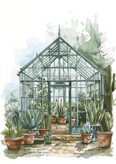 Illustration of a beautiful green house with a various plants, palm tree, botanical garden, victorian vintage green house