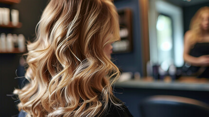 Perfectly styled blonde curls, showcasing hair beauty and care. - obrazy, fototapety, plakaty