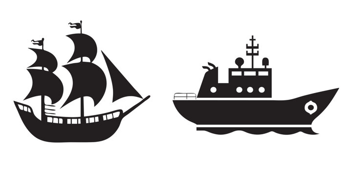 Set of ships isolated on white background. Black and white vector illustration.