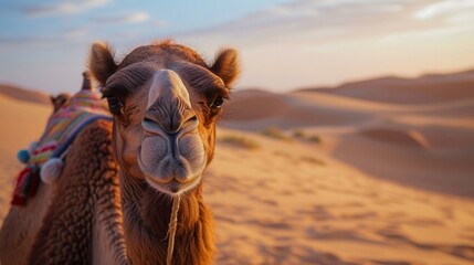 Detail of camels head in the desert with funny expression