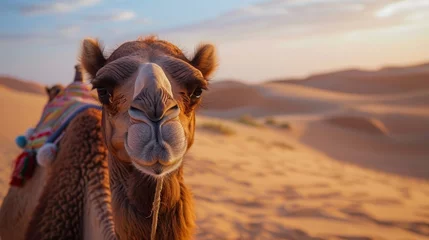 Gordijnen Detail of camels head in the desert with funny expression © Nataliya