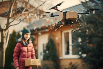 Smart package Drone Delivery electric bikes. Box shipping parcel delivery schedule parcel first mile drone delivery transportation. Logistic tech autonomous taxis mobility freight claim - obrazy, fototapety, plakaty