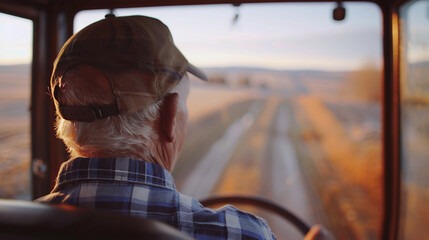 A senior farmer driving a tractor across the field, his experienced gaze focused on the path ahead, Senior farmer, blurred background, with copy space