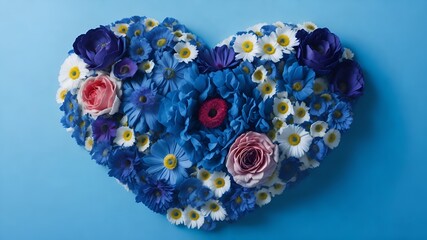  Top-down view of a beautiful arrangement of vibrant flowers forming a heart shape on a serene blue background.