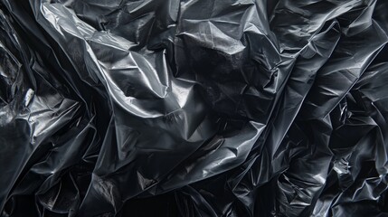 A detailed view of a plastic bag's surface, focusing on the intricate patterns formed by the wrinkles and folds, set against a dark background. 8k