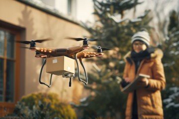 Smart package Drone Delivery mobile apps. Box shipping aerial mobility parcel data science transportation. Logistic tech smart garden devices mobility building materials transport drone