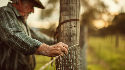 A senior farmer mending a fence on his property, his skilled hands repairing what time has worn, Senior farmer, blurred background, with copy space
