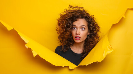 A surprised woman with curly hair peeks through a torn yellow paper background, her expression one of amazement and curiosity. - obrazy, fototapety, plakaty