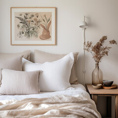 Bedroom interior with a set of pillows and a vase of dried flowers