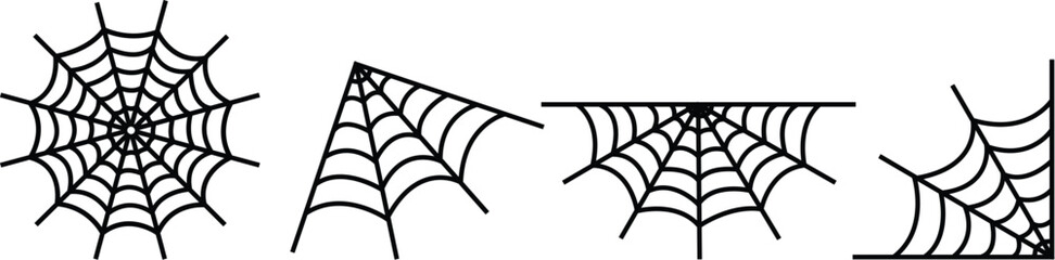 Spiderweb set. Cobweb icon. Spiderweb icons collection. Spider's web icons. Spiderweb varieties . Black mesh patterns with halloween party ornament. Sticky trap of intertwining dangerous vector lines,